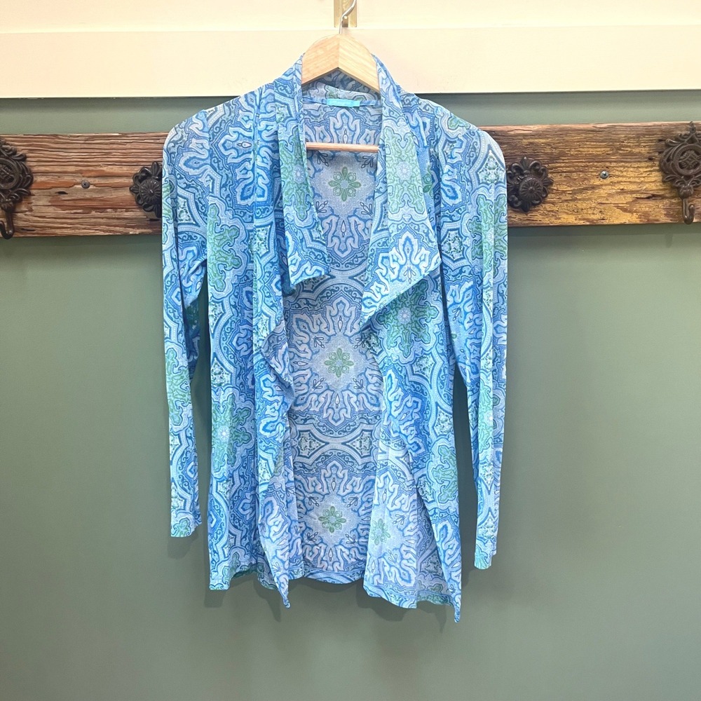 J.McLaughlin Blue Green Kaleidoscope Mesh Draped Open Front Cardigan Small